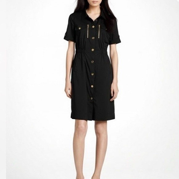 Tory Burch Dresses & Skirts - Tory Burch Black Utility Shirt Dress Gold Logo Hardware Cotton Blend Size 8